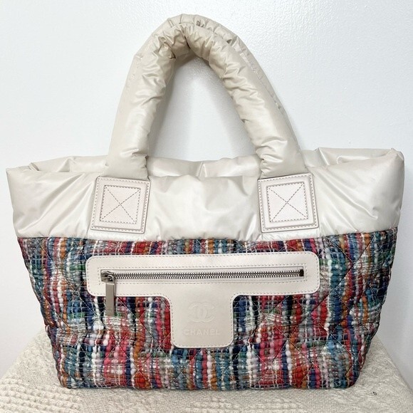 Authentic Chanel Coco Cocoon Nylon Tote Bag Tweed Print Cream Off White - Picture 3 of 15